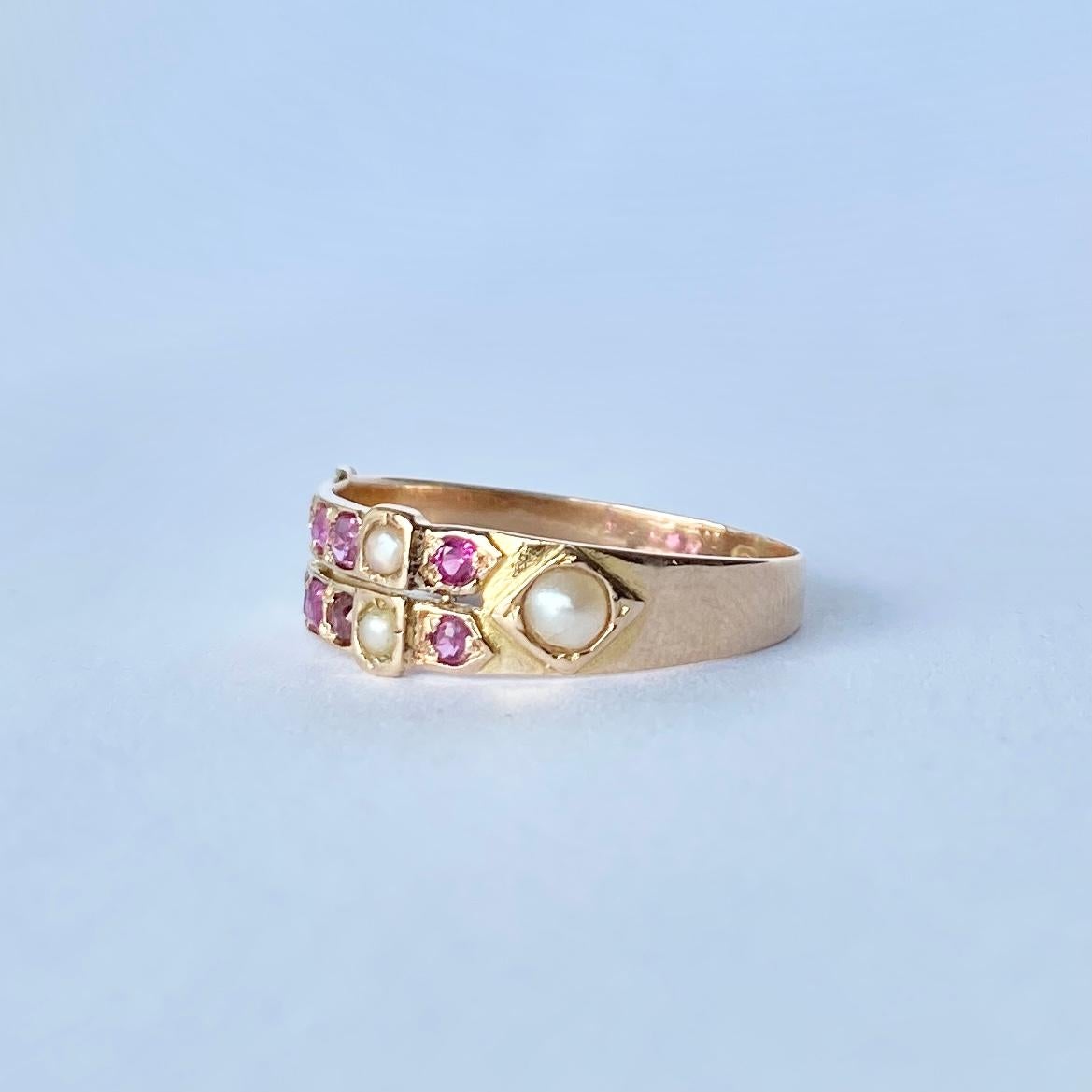 Victorian Ruby and Pearl 18Carat Gold Buckle Ring  In Good Condition In Chipping Campden, GB