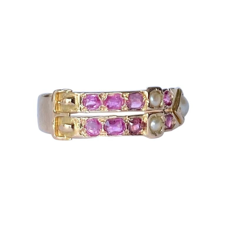 Victorian Ruby and Pearl 18Carat Gold Buckle Ring