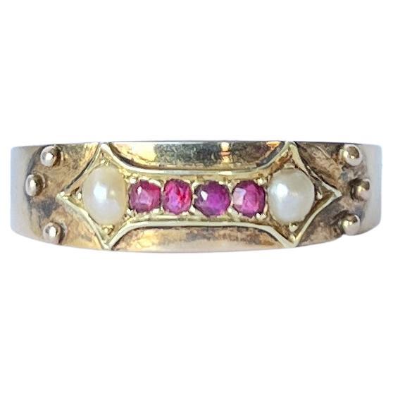 Victorian Ruby and Pearl 9 Carat Gold Ring  For Sale