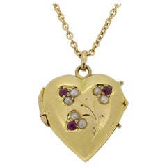 Antique Victorian Ruby and Pearl Heart Locket Necklace