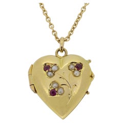 Victorian Ruby and Pearl Heart Locket Necklace