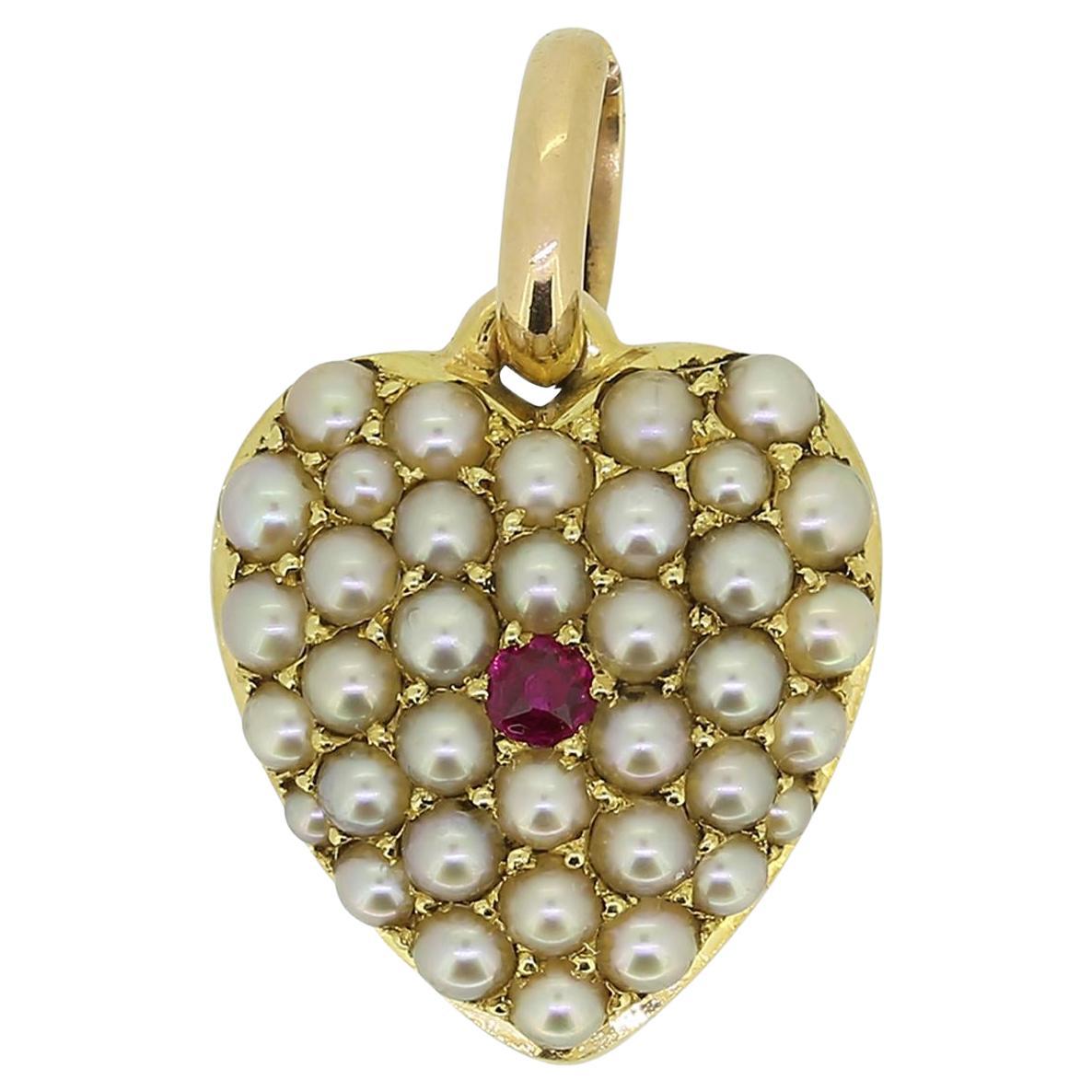 Victorian Ruby and Pearl Heart Pendant For Sale