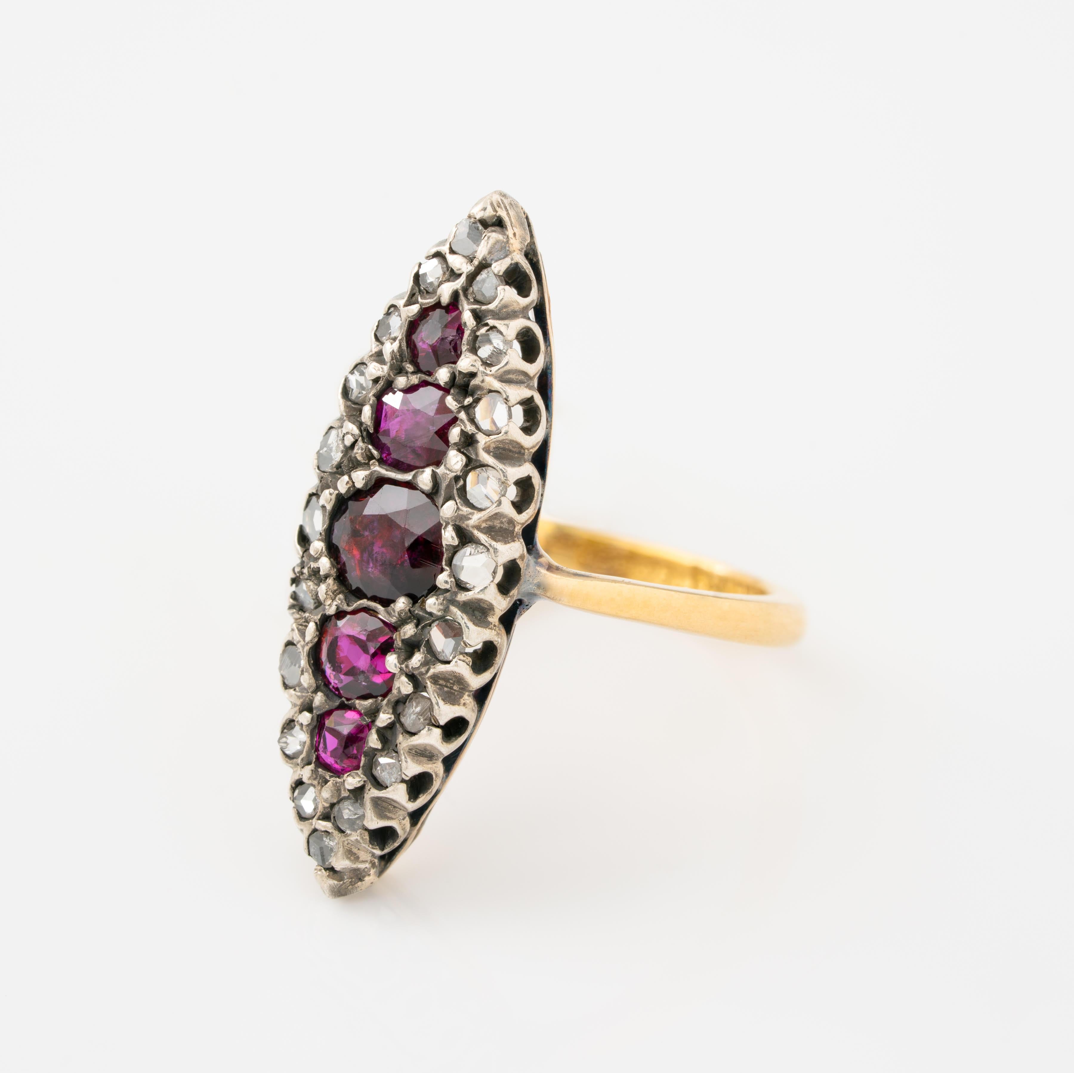 Women's or Men's Victorian Ruby and Rose Cut Diamond Navette Ring