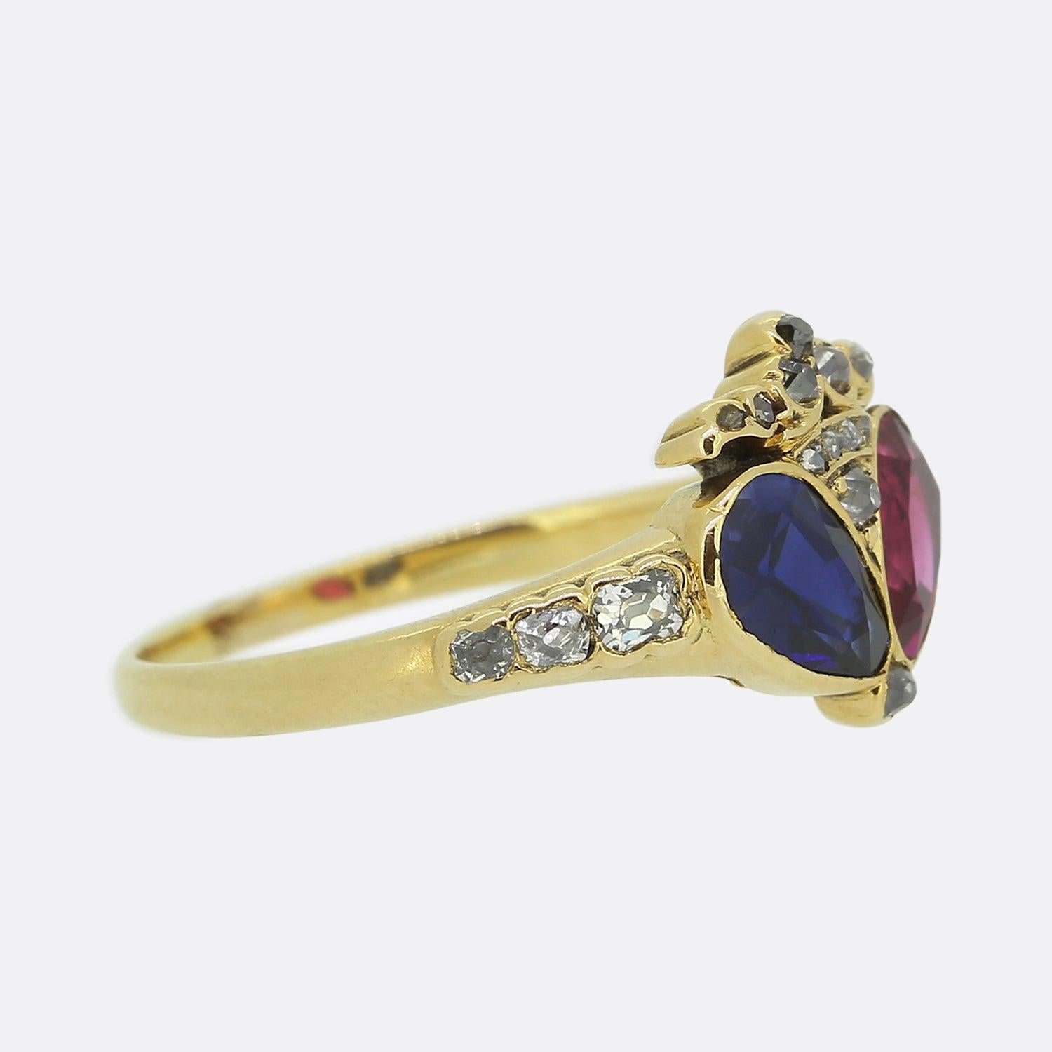 Pear Cut Victorian Ruby and Sapphire Double Heart Ring For Sale