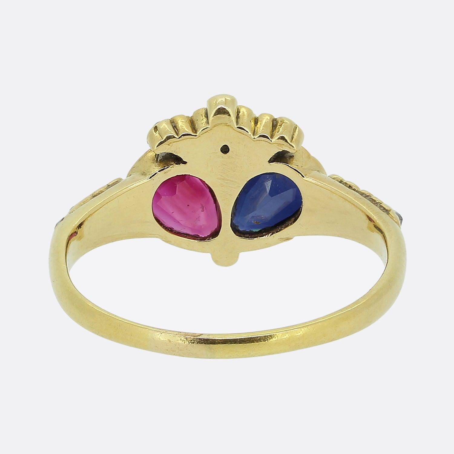 Victorian Ruby and Sapphire Double Heart Ring In Good Condition For Sale In London, GB