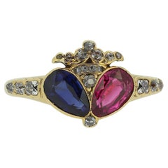 Antique Victorian Ruby and Sapphire Double Heart Ring