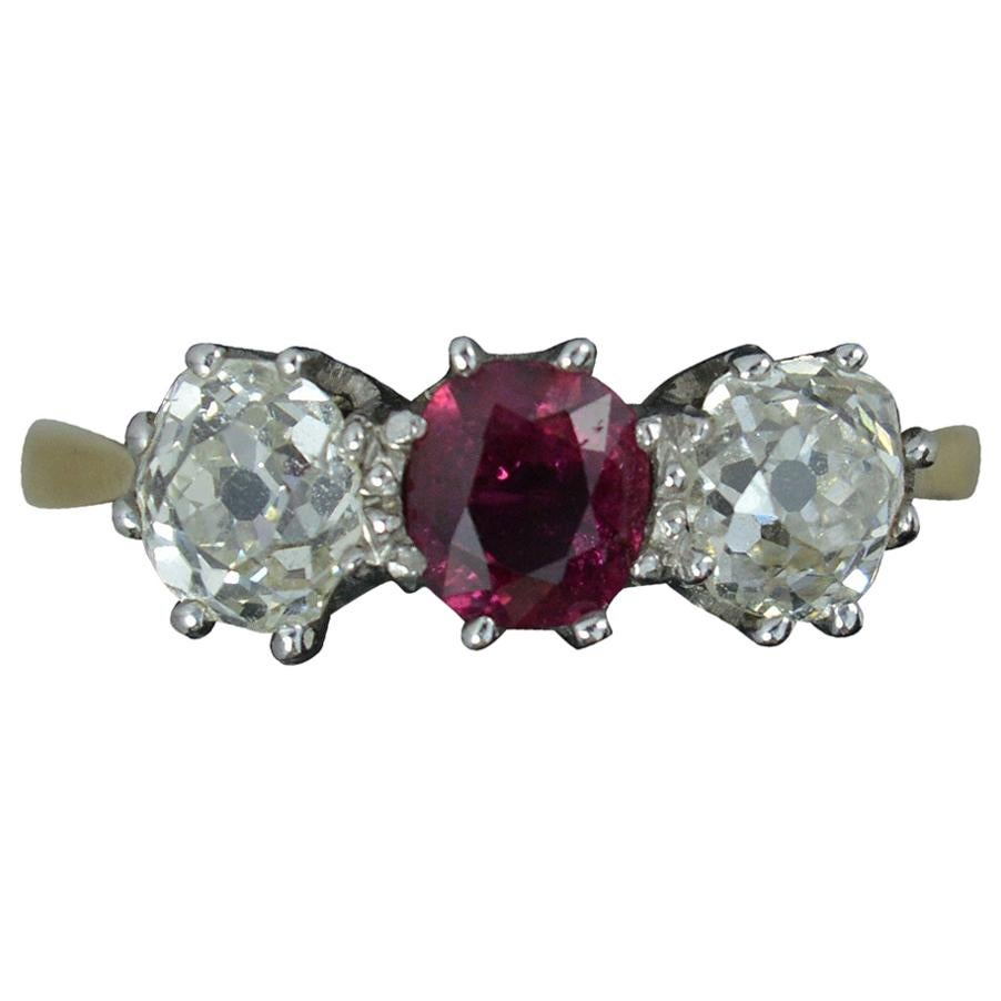 Victorian Ruby and VS 1.3 Carat Diamond 18 Carat Gold Trilogy Ring