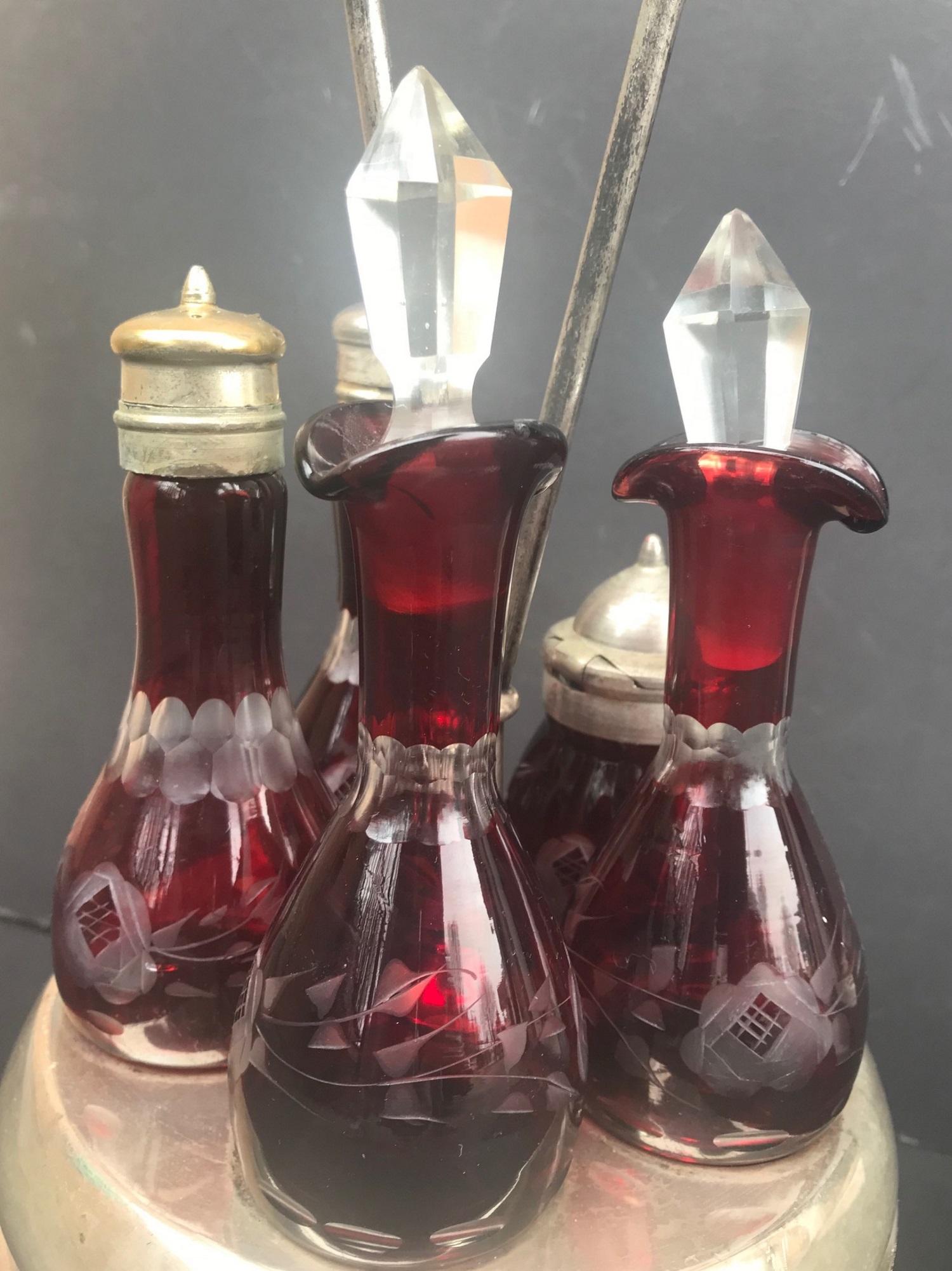 Victorian Ruby Cut to Clear Bohemian Art Glass 5 Piece Cruet Castor Set 4