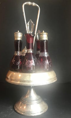 Victorian Ruby Cut to Clear Bohemian Art Glass 5 Piece Cruet Castor Set