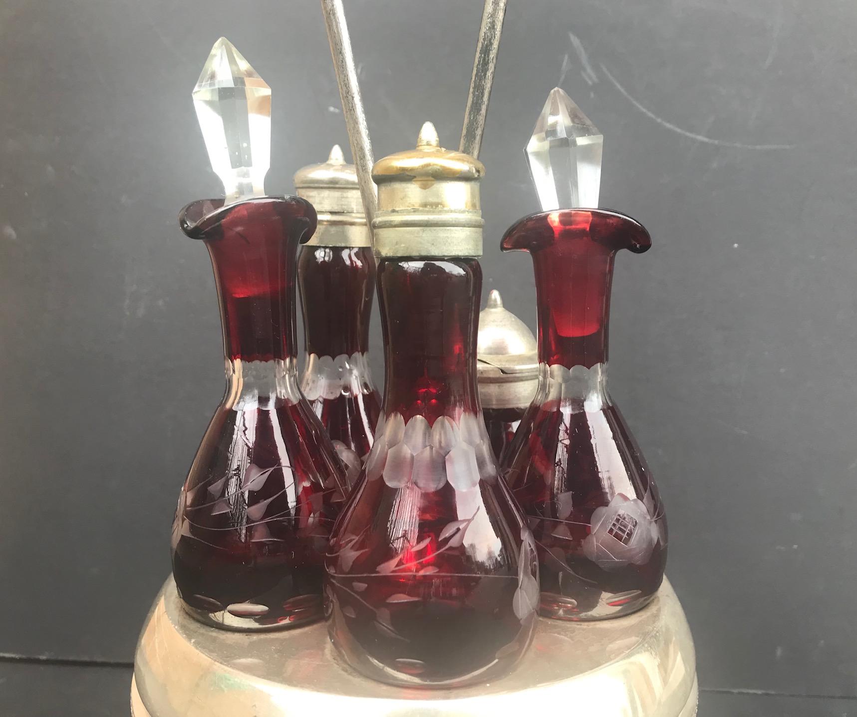American Victorian Ruby Cut to Clear Bohemian Art Glass 5 Piece Cruet Castor Set
