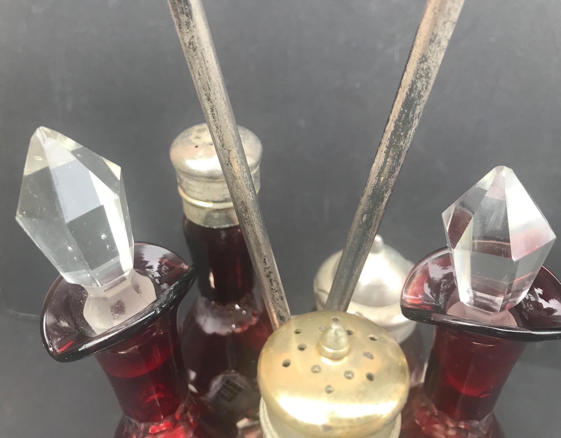19th Century Victorian Ruby Cut to Clear Bohemian Art Glass 5 Piece Cruet Castor Set
