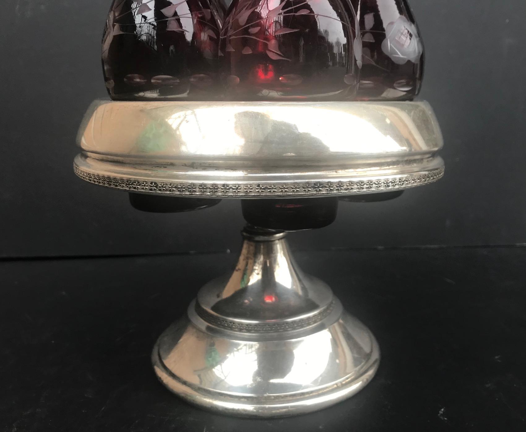 Silver Plate Victorian Ruby Cut to Clear Bohemian Art Glass 5 Piece Cruet Castor Set