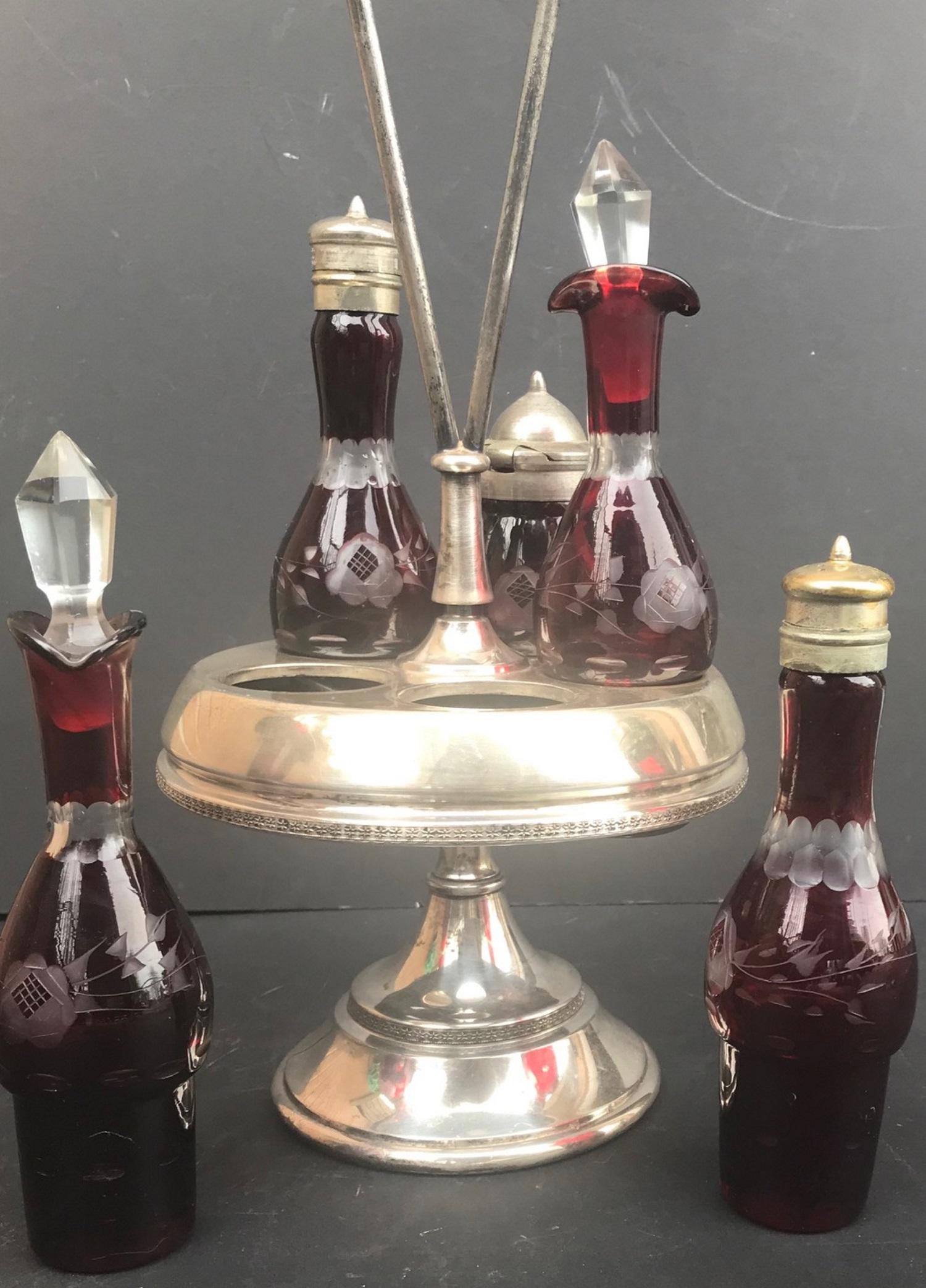 Victorian Ruby Cut to Clear Bohemian Art Glass 5 Piece Cruet Castor Set 1