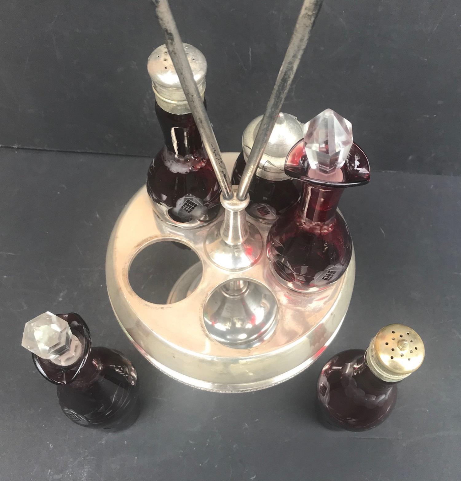 Victorian Ruby Cut to Clear Bohemian Art Glass 5 Piece Cruet Castor Set 2