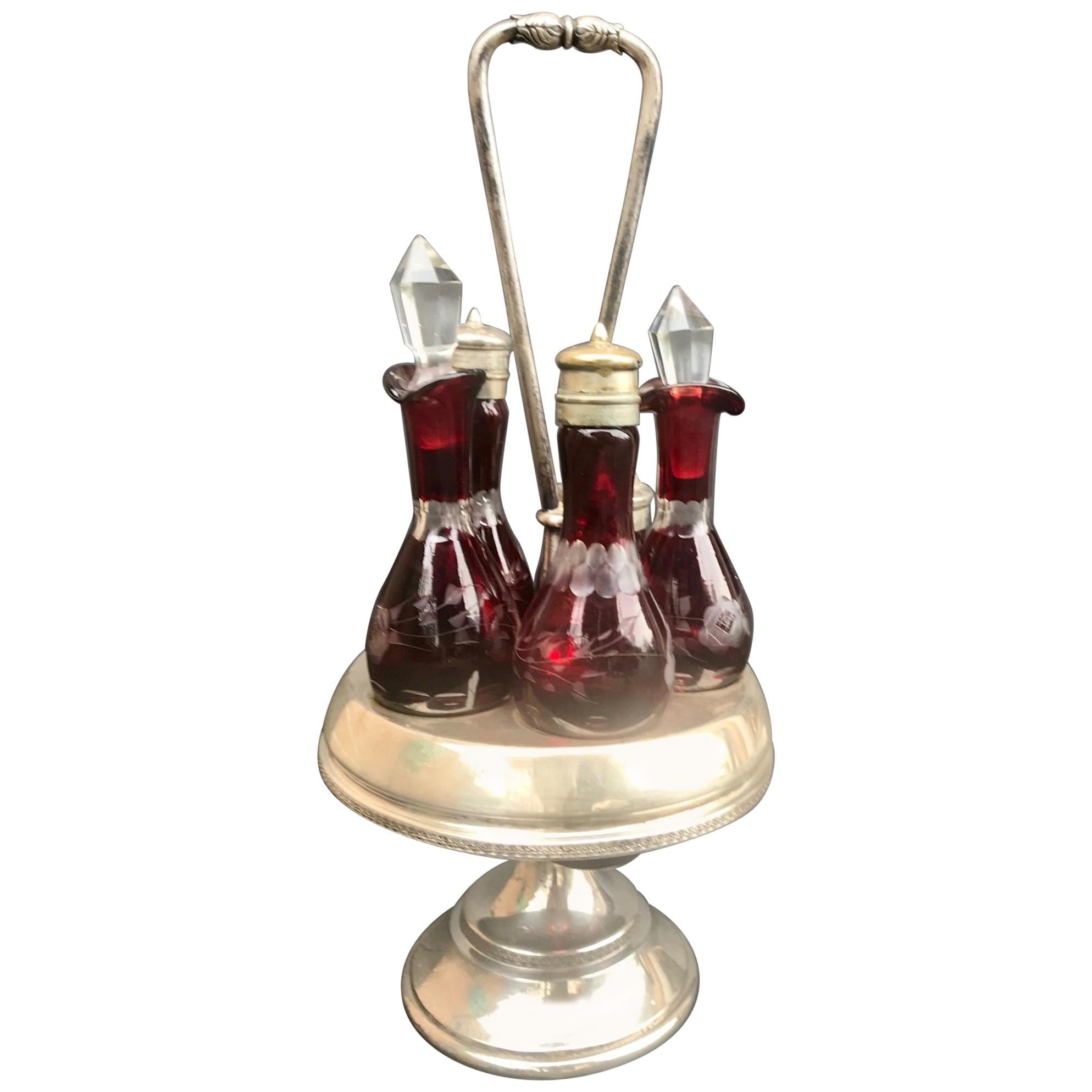 Victorian Ruby Cut to Clear Bohemian Art Glass 5 Piece Cruet Castor Set