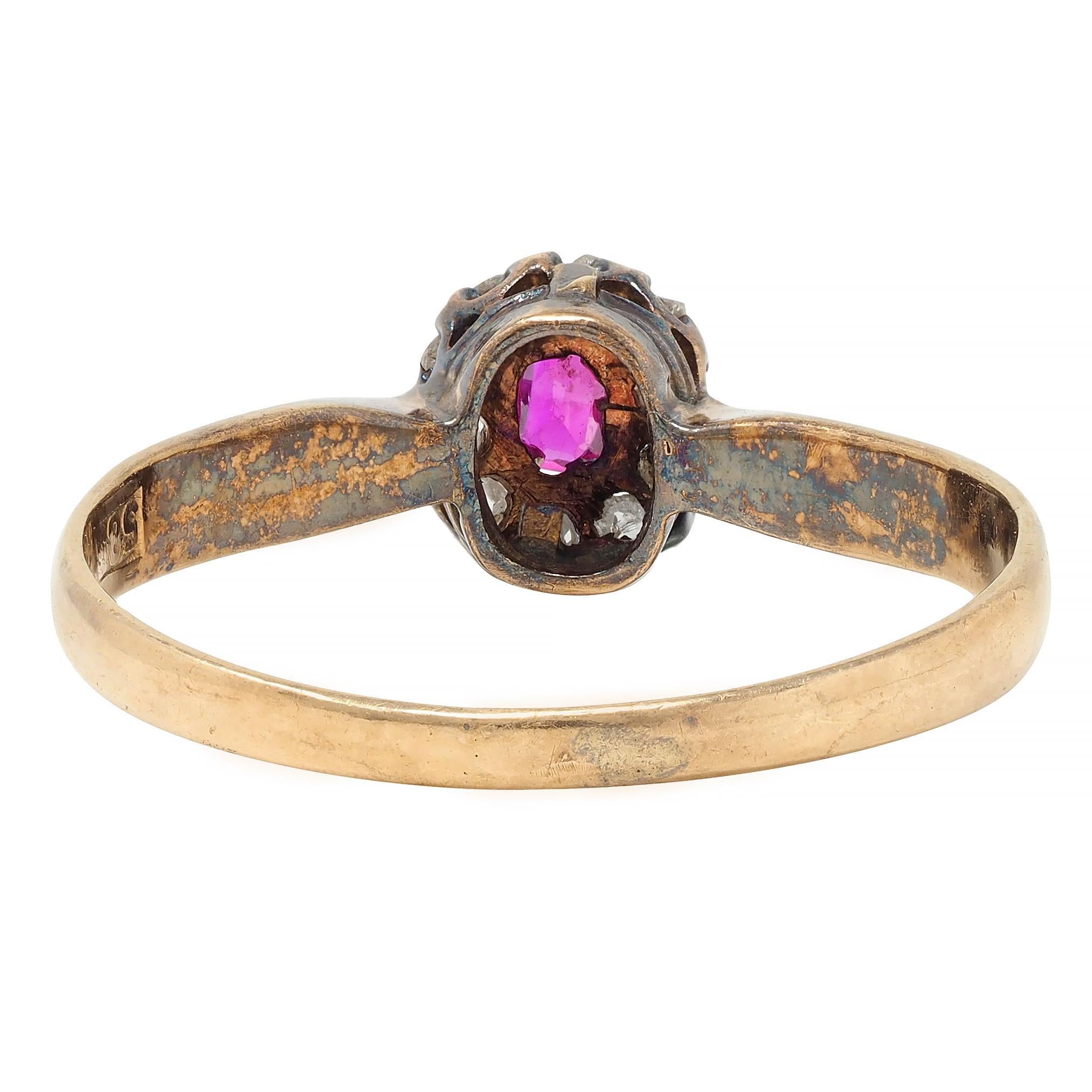 Victorian Ruby Diamond 14 Karat Yellow Gold Antique Halo Ring In Excellent Condition For Sale In Philadelphia, PA