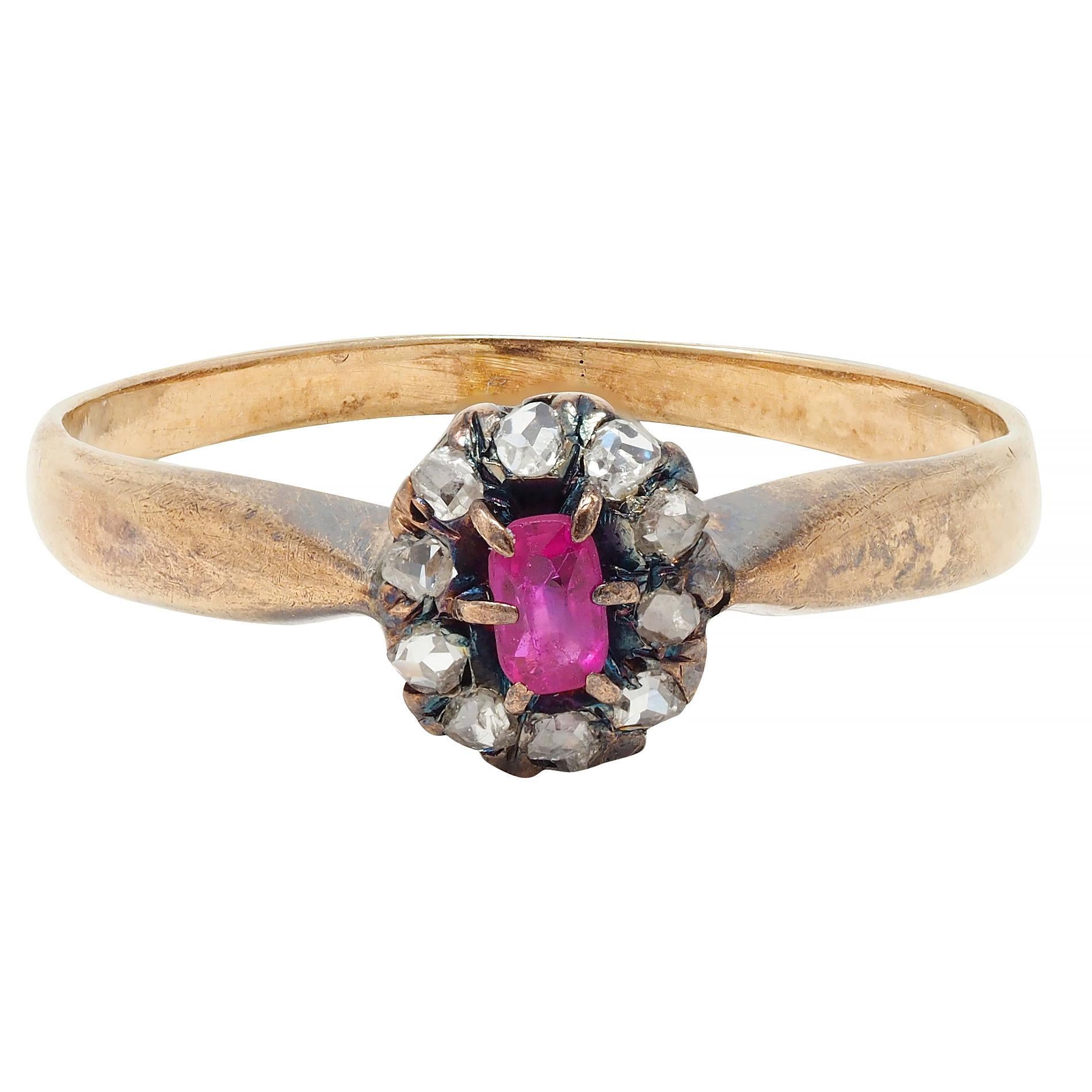 Victorian Ruby Diamond 14 Karat Yellow Gold Antique Halo Ring For Sale 2