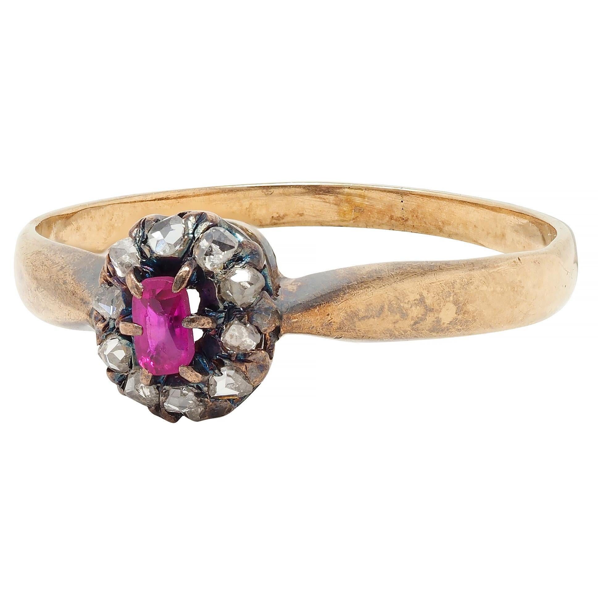 Victorian Ruby Diamond 14 Karat Yellow Gold Antique Halo Ring For Sale 3