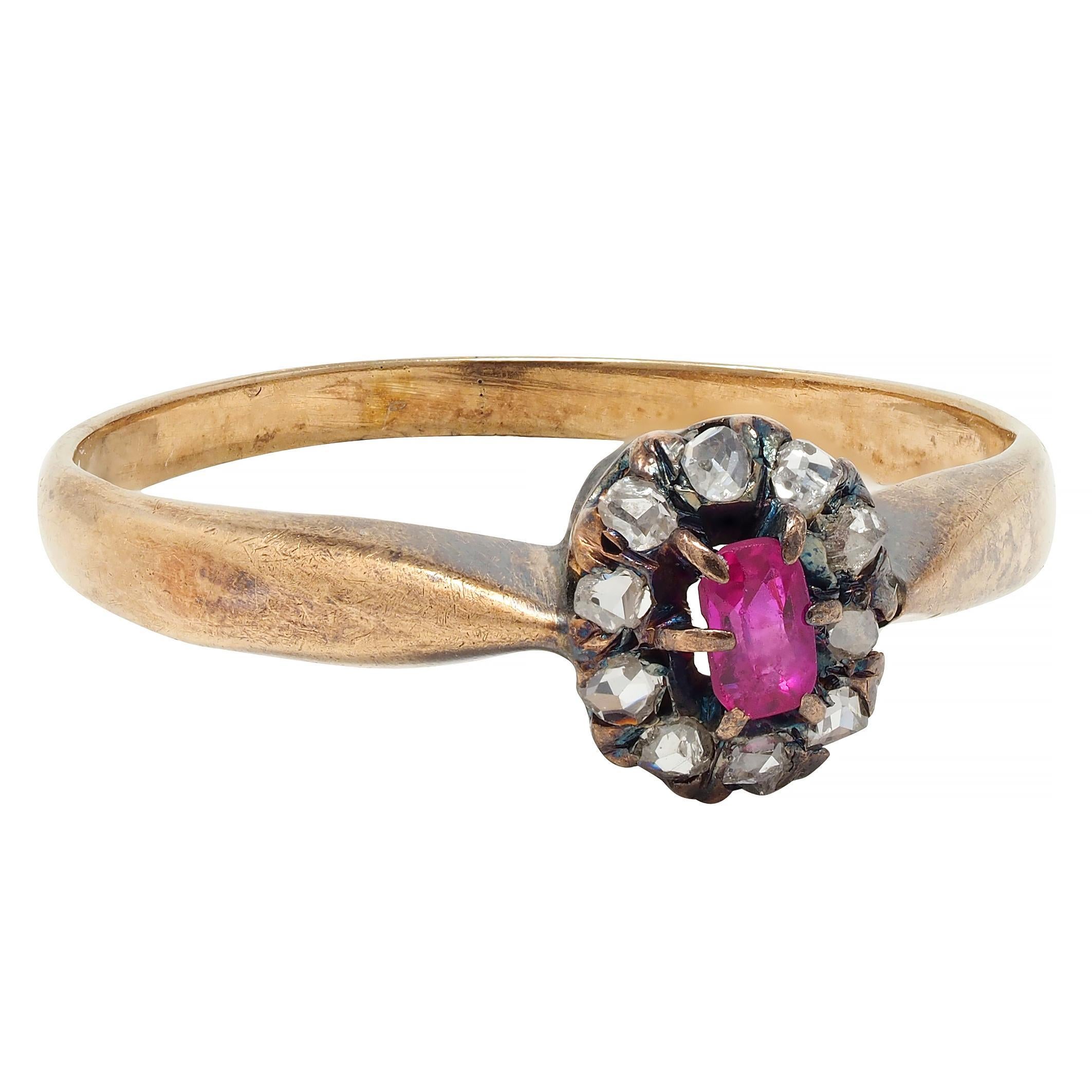 Victorian Ruby Diamond 14 Karat Yellow Gold Antique Halo Ring For Sale 4