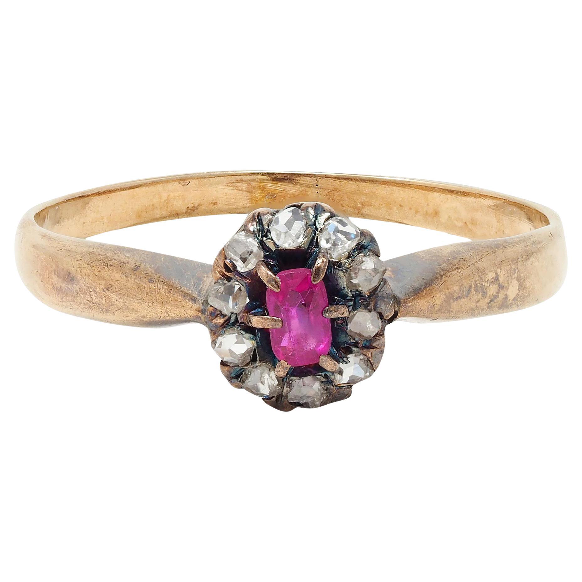 Victorian Ruby Diamond 14 Karat Yellow Gold Antique Halo Ring For Sale