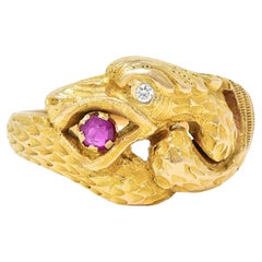 Victorian Ruby Diamond 14 Karat Yellow Gold Antique Unisex Griffin Ring
