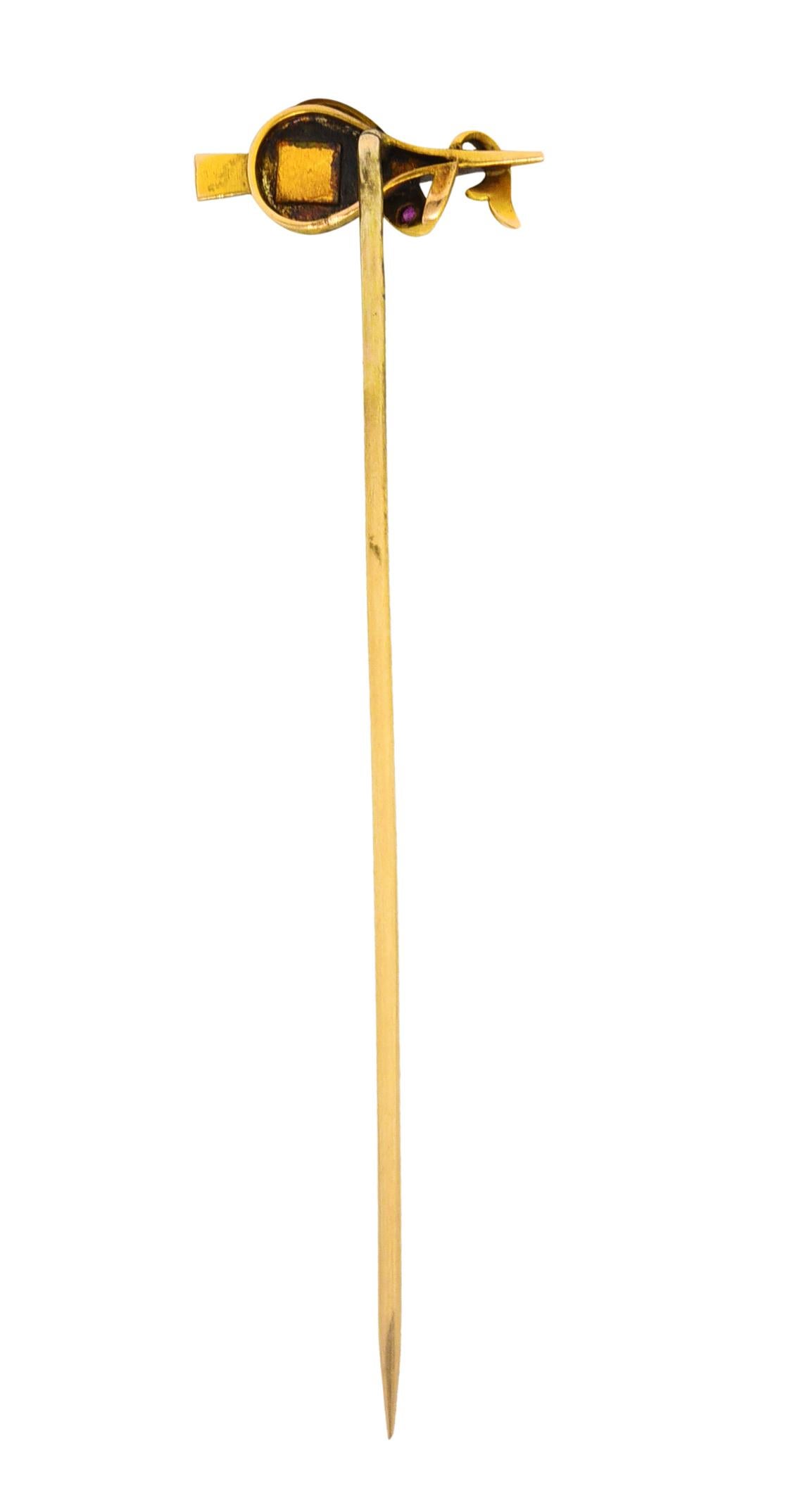 Round Cut Victorian Ruby Diamond 14 Karat Yellow Gold Fireplace Bellow Stickpin For Sale