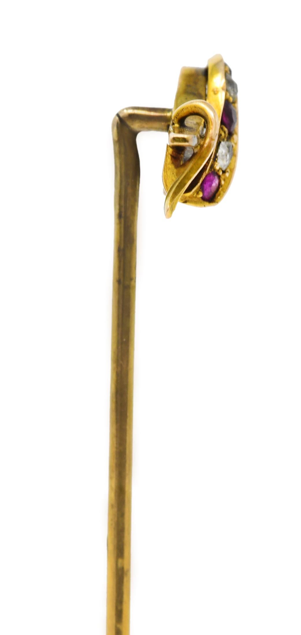 Victorian Ruby Diamond 14 Karat Yellow Gold Fireplace Bellow Stickpin In Excellent Condition For Sale In Philadelphia, PA