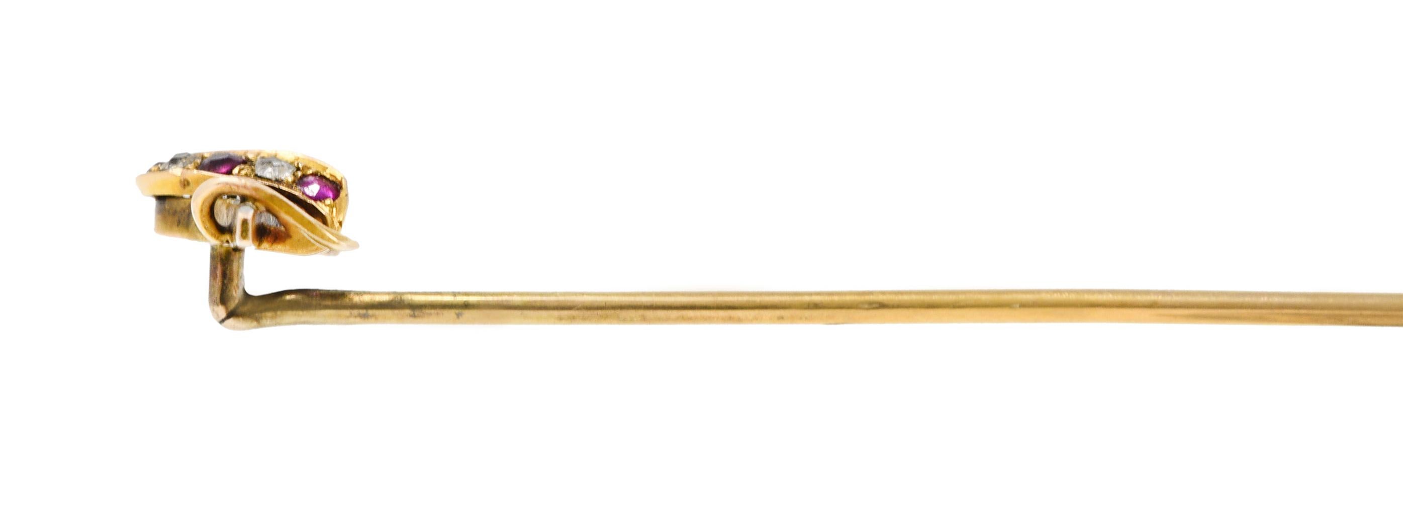 Women's or Men's Victorian Ruby Diamond 14 Karat Yellow Gold Fireplace Bellow Stickpin For Sale