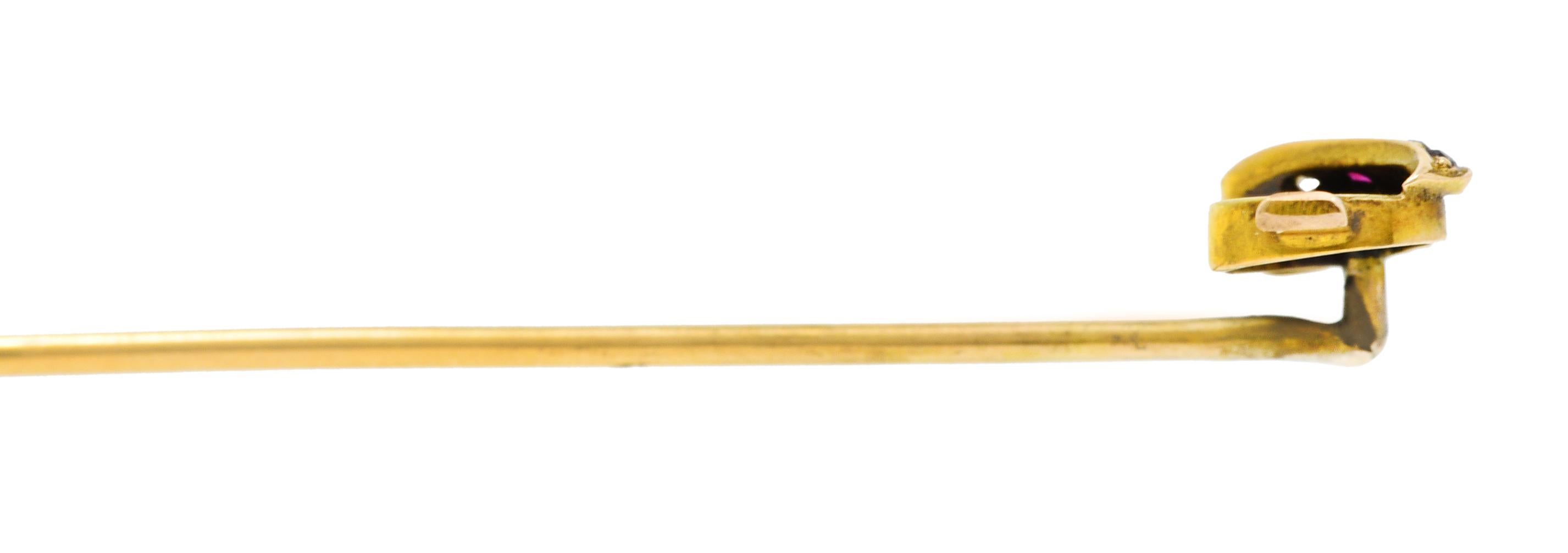 Victorian Ruby Diamond 14 Karat Yellow Gold Fireplace Bellow Stickpin For Sale 1