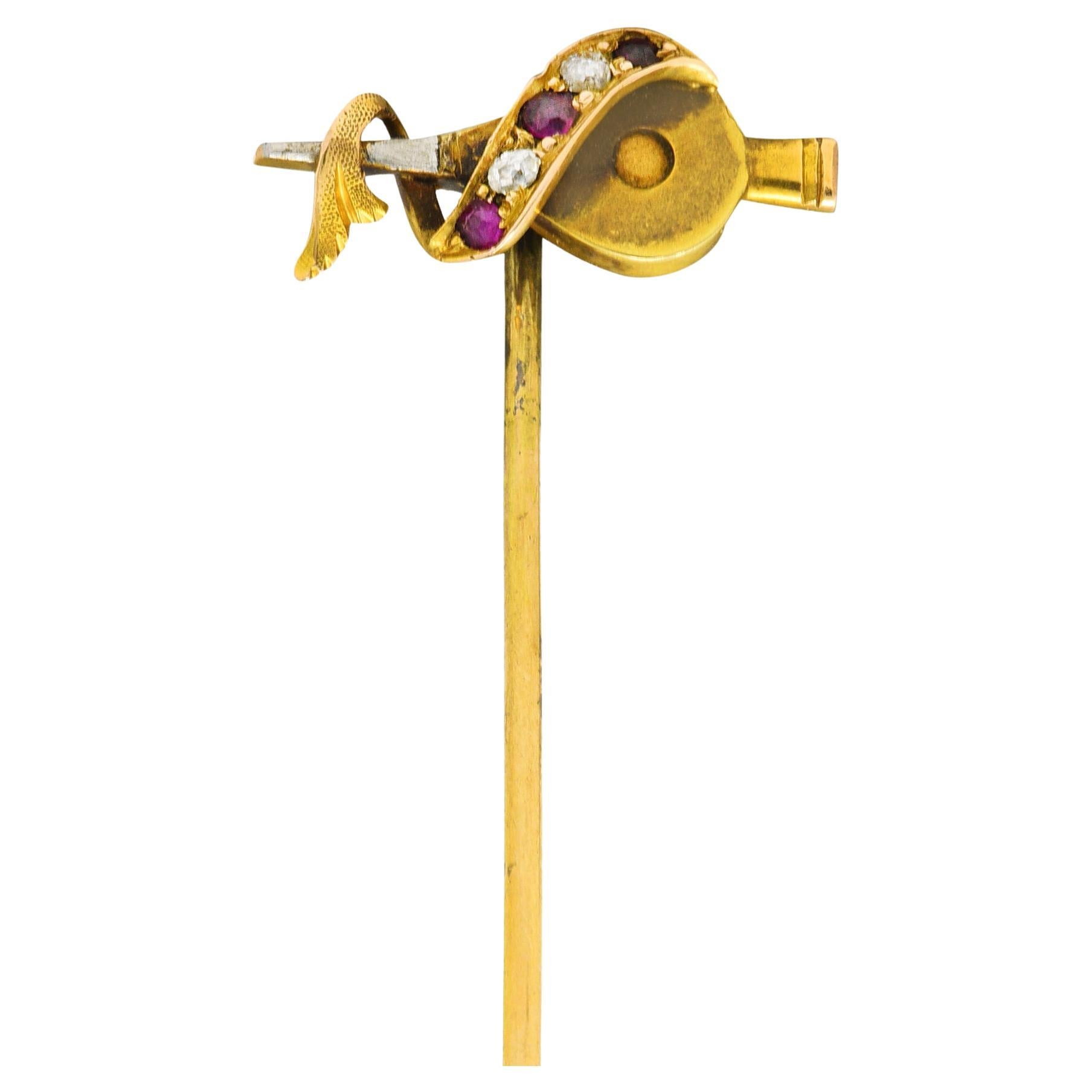 Victorian Ruby Diamond 14 Karat Yellow Gold Fireplace Bellow Stickpin