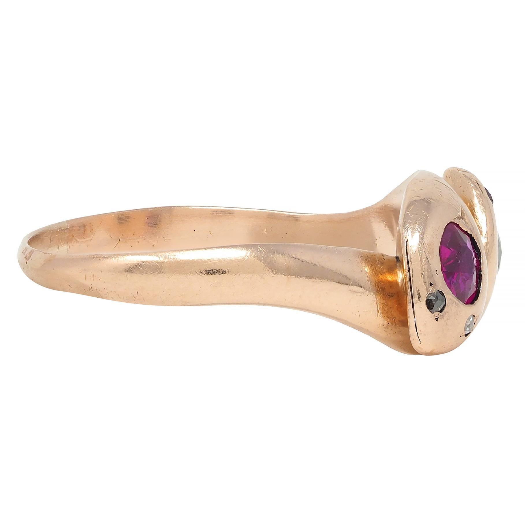 Victorian Ruby Diamond 14K Rose Gold Antique Lovers Knot Snake Band Ring In Excellent Condition In Philadelphia, PA