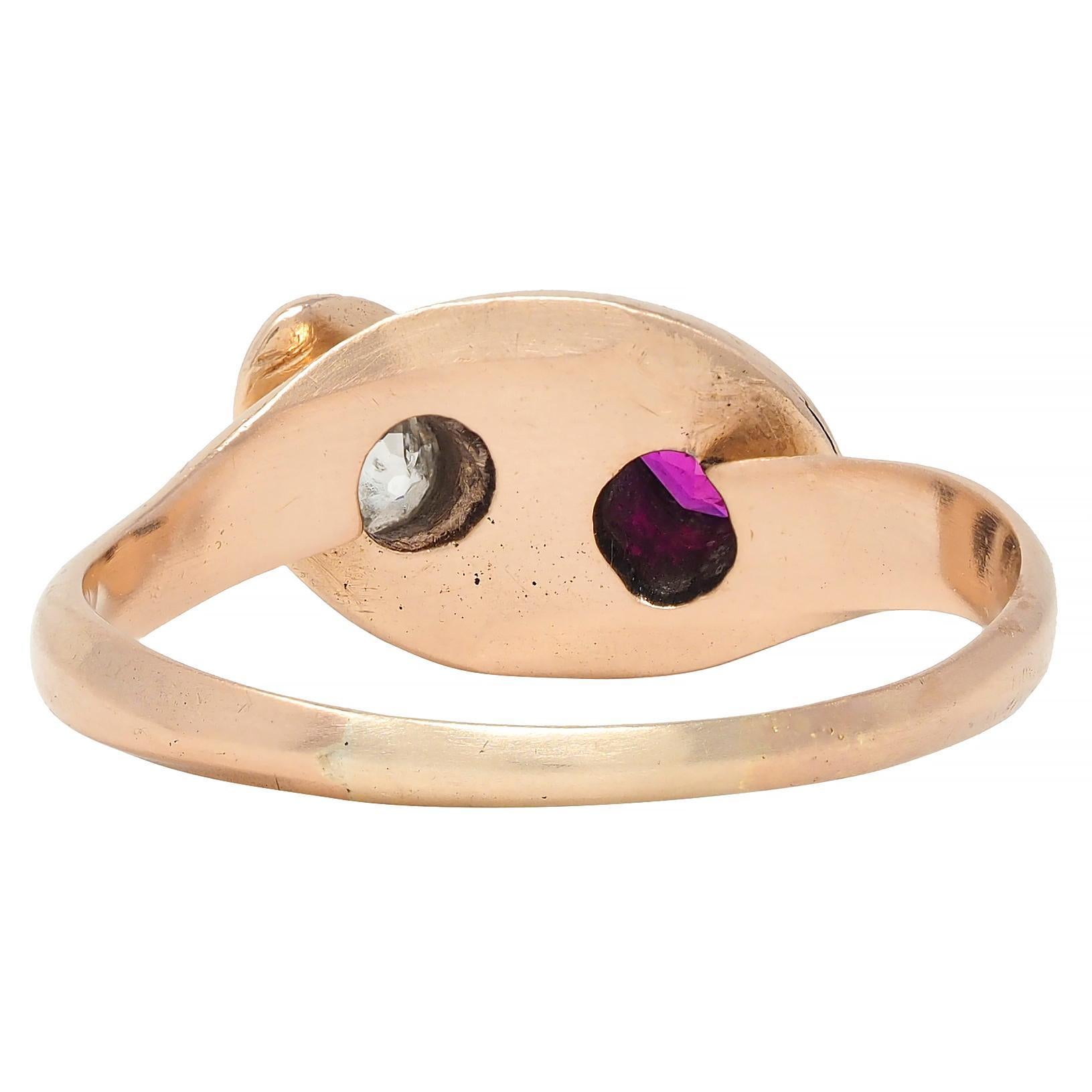 Women's or Men's Victorian Ruby Diamond 14K Rose Gold Antique Lovers Knot Snake Band Ring