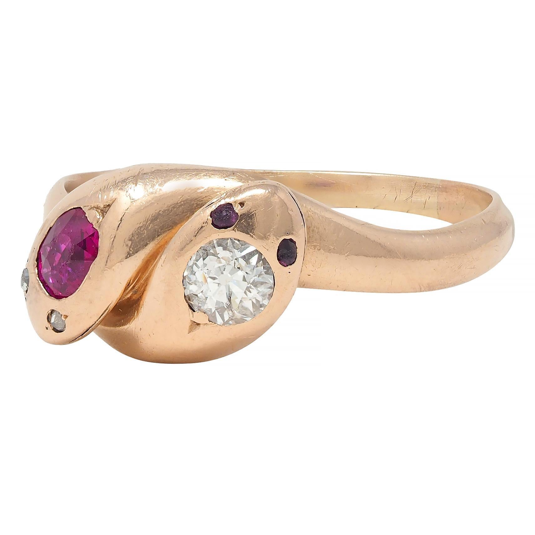 Victorian Ruby Diamond 14K Rose Gold Antique Lovers Knot Snake Band Ring 2
