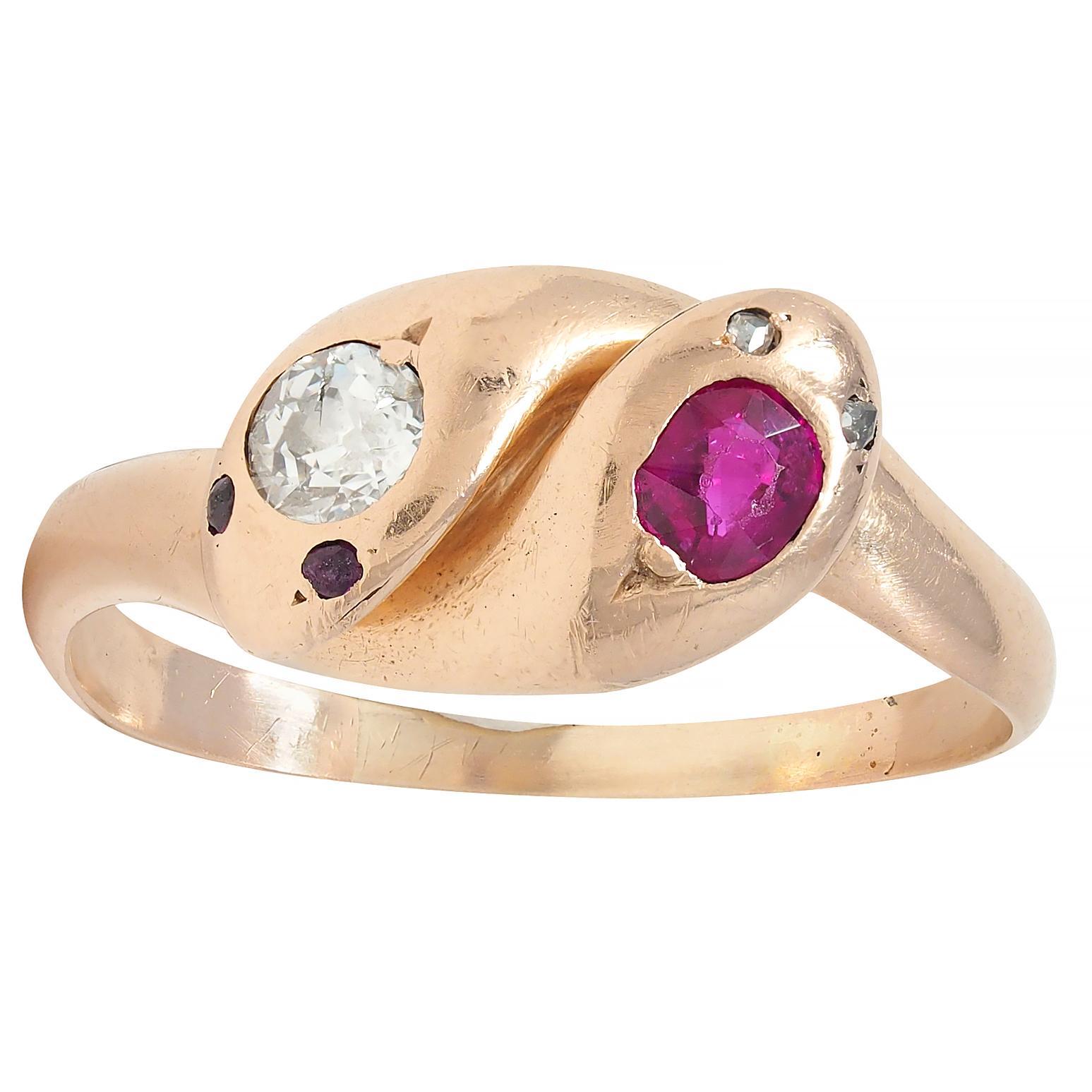 Victorian Ruby Diamond 14K Rose Gold Antique Lovers Knot Snake Band Ring 4