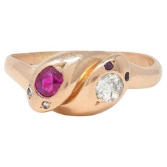 Victorian Ruby Diamond 14K Rose Gold Antique Lovers Knot Snake Band Ring