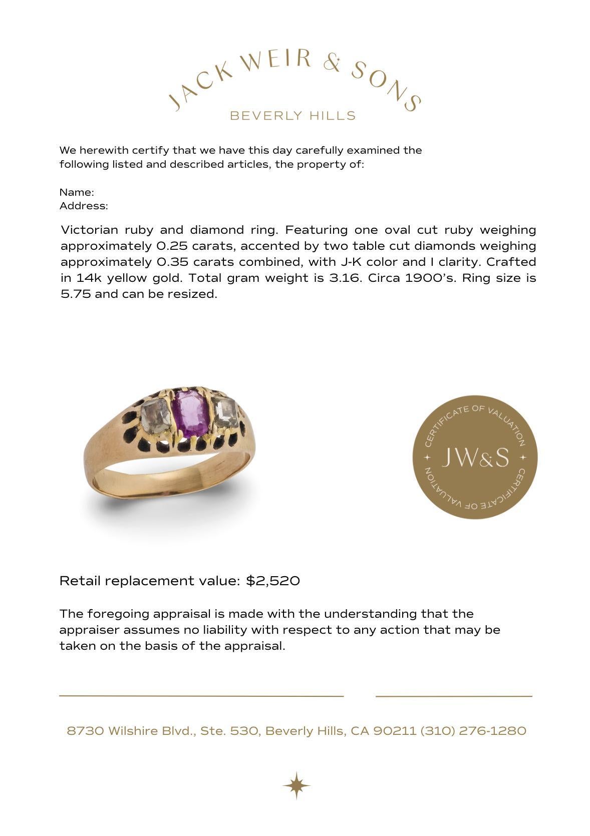 Bague victorienne à trois pierres en or jaune 14k, rubis et diamant en vente 1