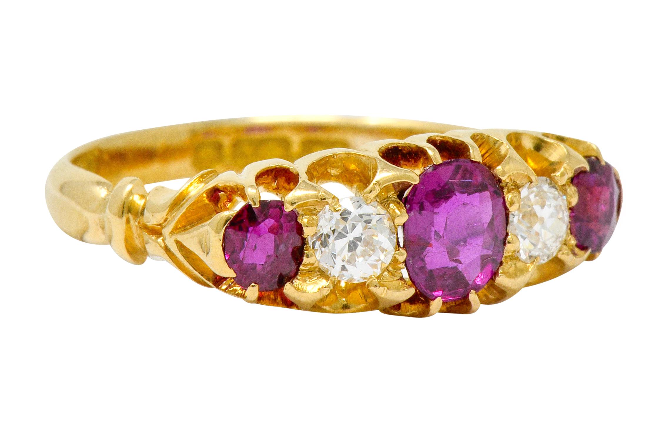 Band ring is claw set to front with rubies and diamonds, alternating

Rubies are round and oval cut and weigh in total approximately 0.84 carat, well-matched and purplish-red in color

Old European cut diamonds weigh in total approximately 0.30