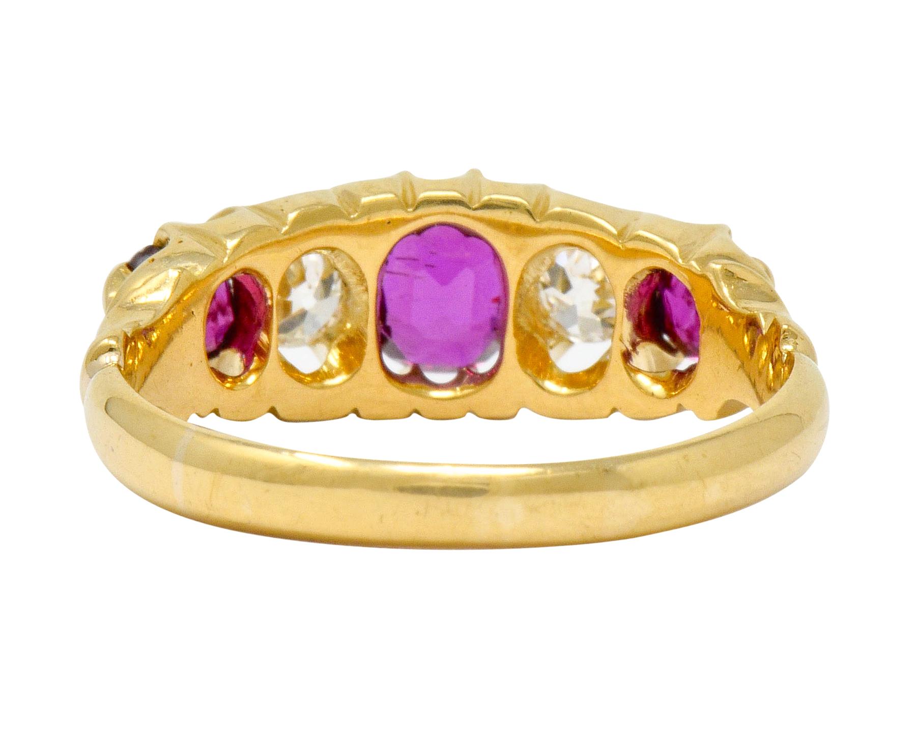 Victorian Ruby Diamond 18 Karat Gold Five-Stone Ring In Excellent Condition In Philadelphia, PA