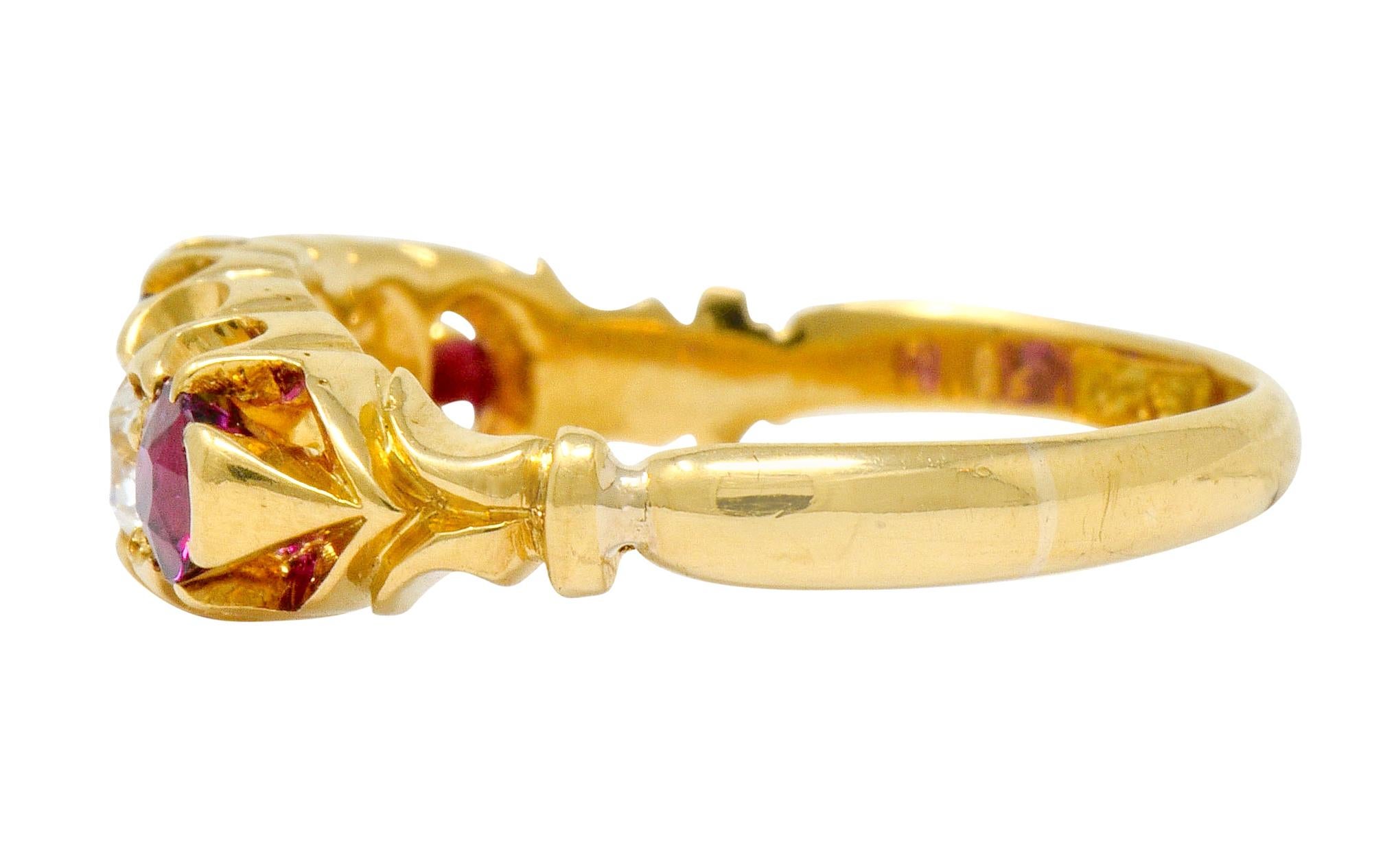 Women's or Men's Victorian Ruby Diamond 18 Karat Gold Five-Stone Ring