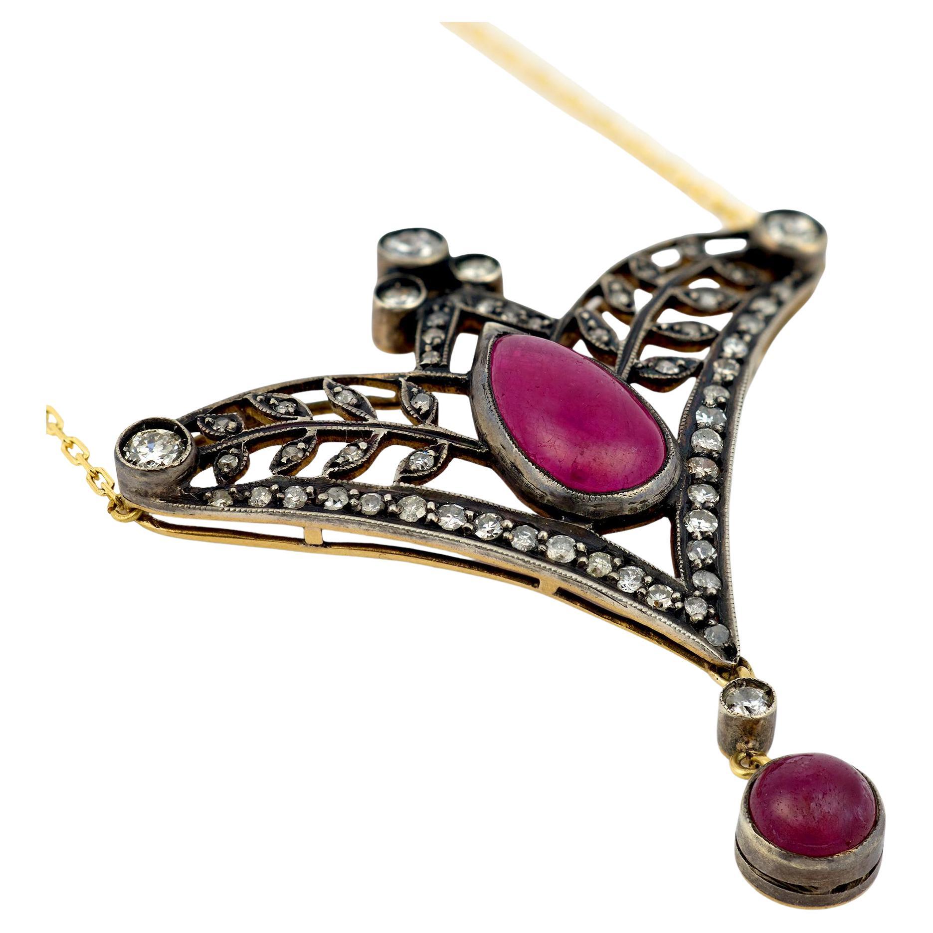 Victorian ruby diamond 18k gold silver necklace