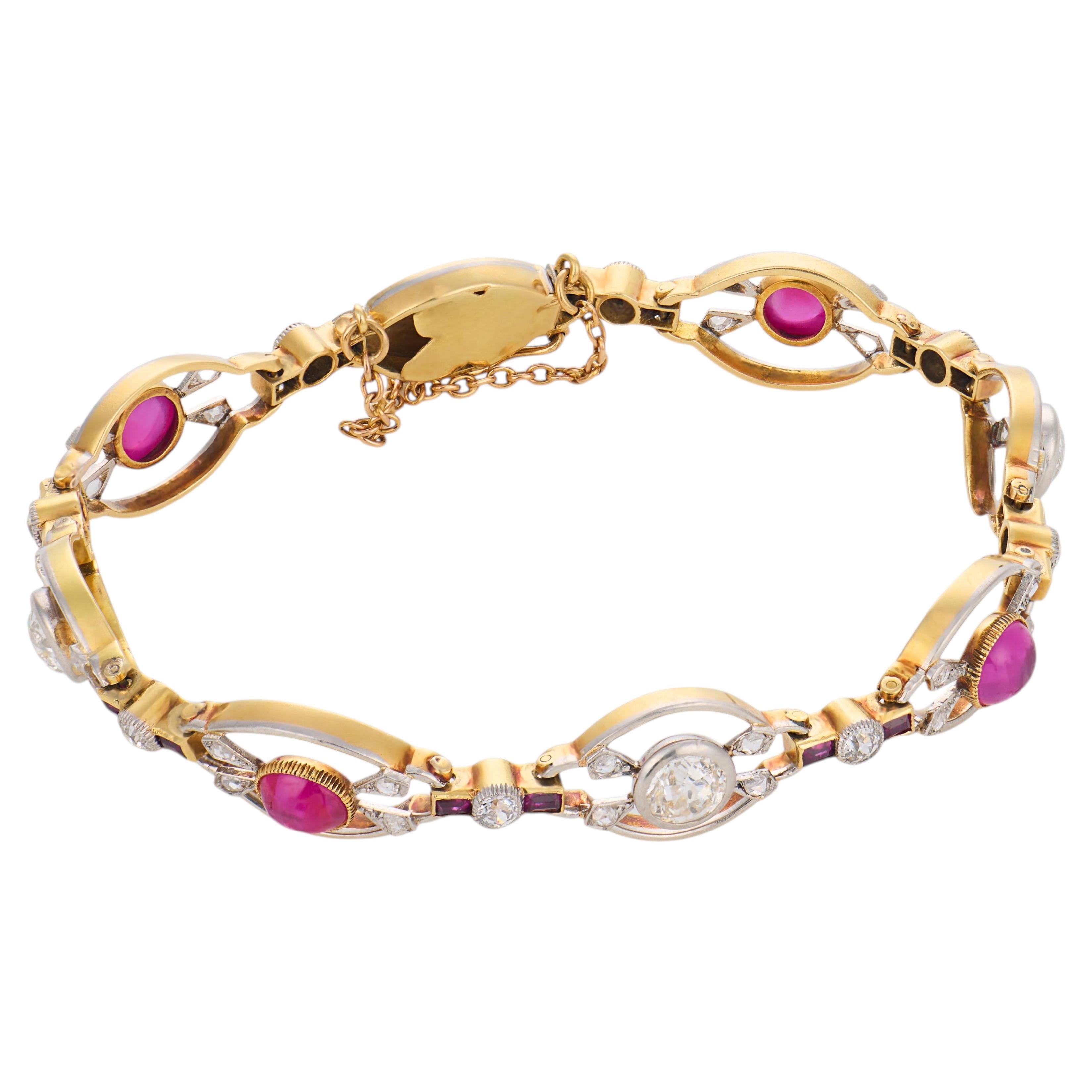 Pulsera victoriana de rubíes y diamantes, en oro amarillo de 18 quilates y platino en venta