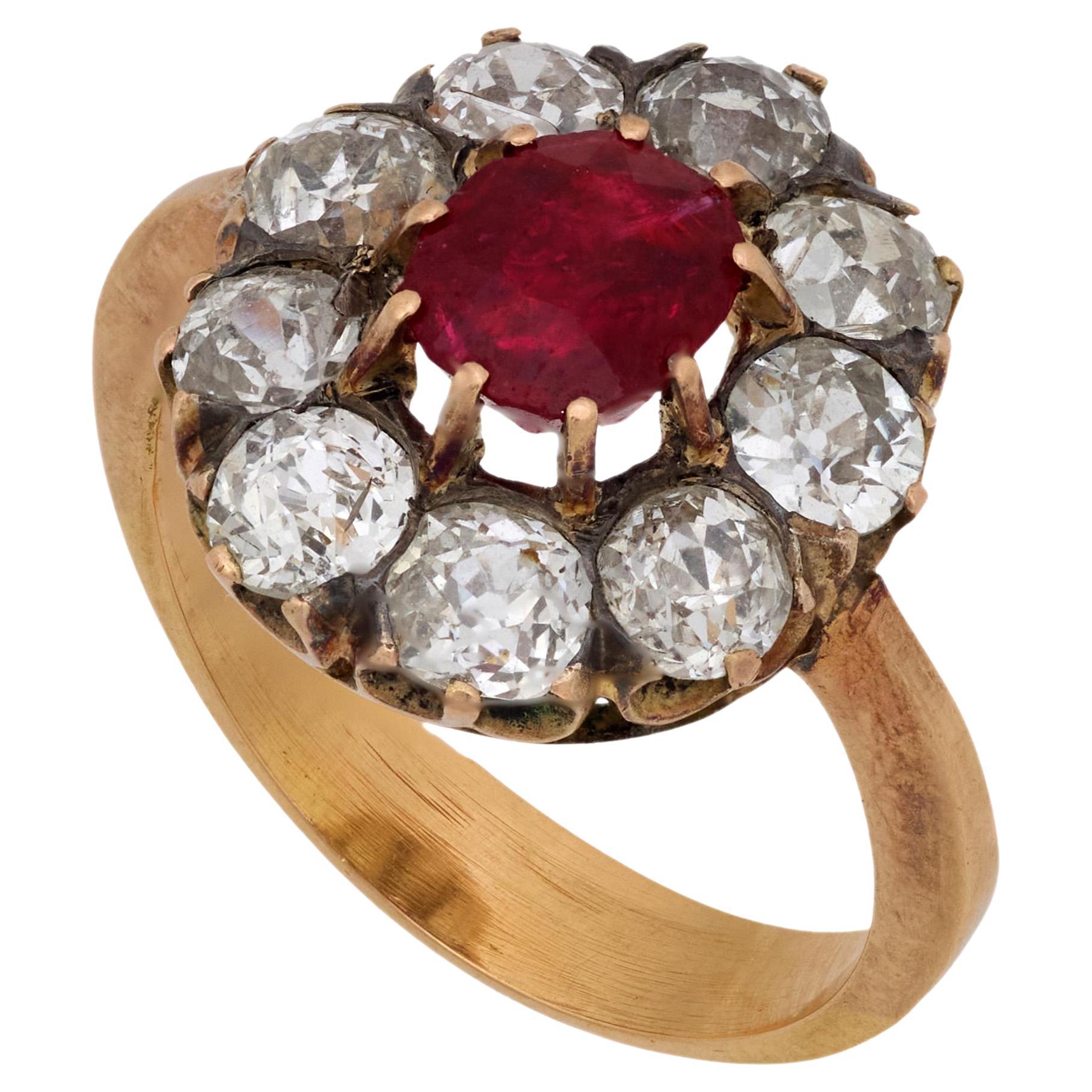 Victorian ruby diamond 18k yellow gold cluster ring For Sale