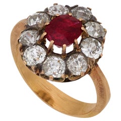 Antique Victorian ruby diamond 18k yellow gold cluster ring