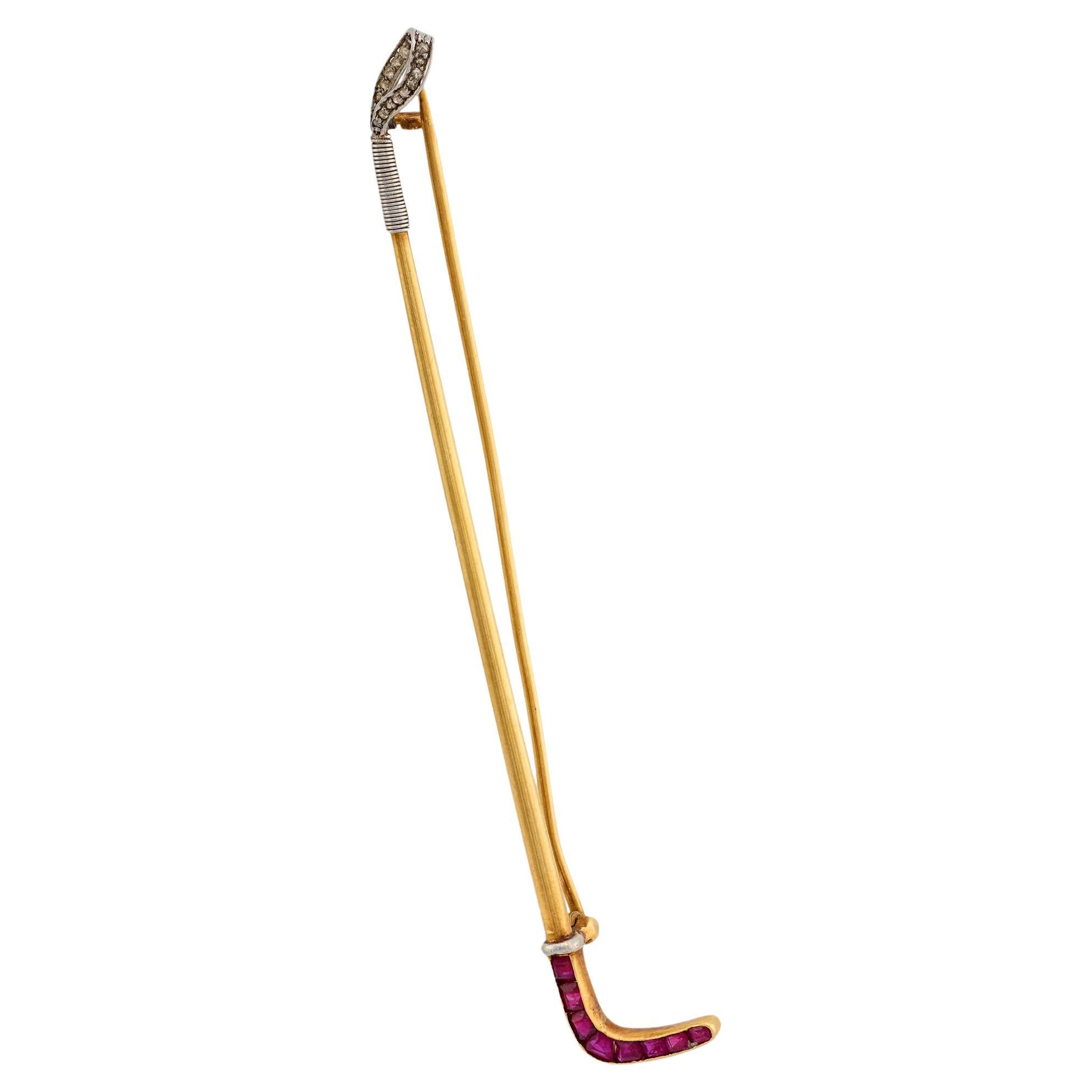 Victorian ruby diamond 18k yellow gold golf club brooch