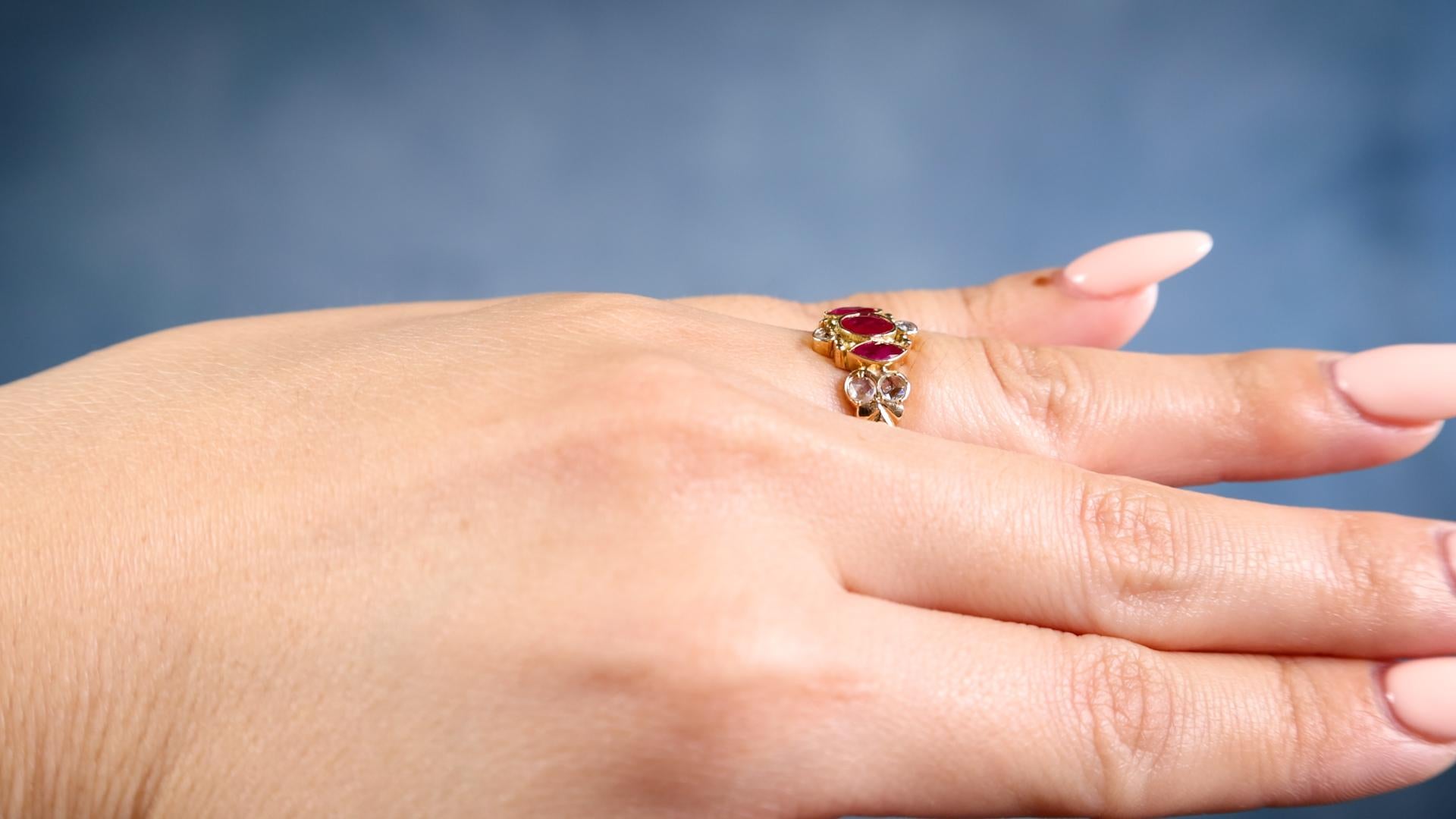 Marquise Cut Victorian Ruby Diamond 18k Yellow Gold Ring For Sale