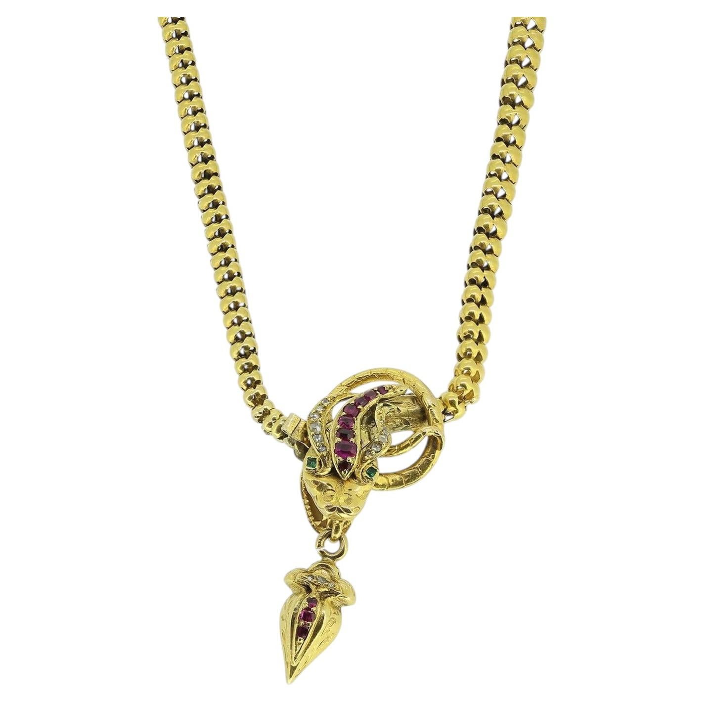 Victorian Ruby Diamond and Emerald Snake Necklace