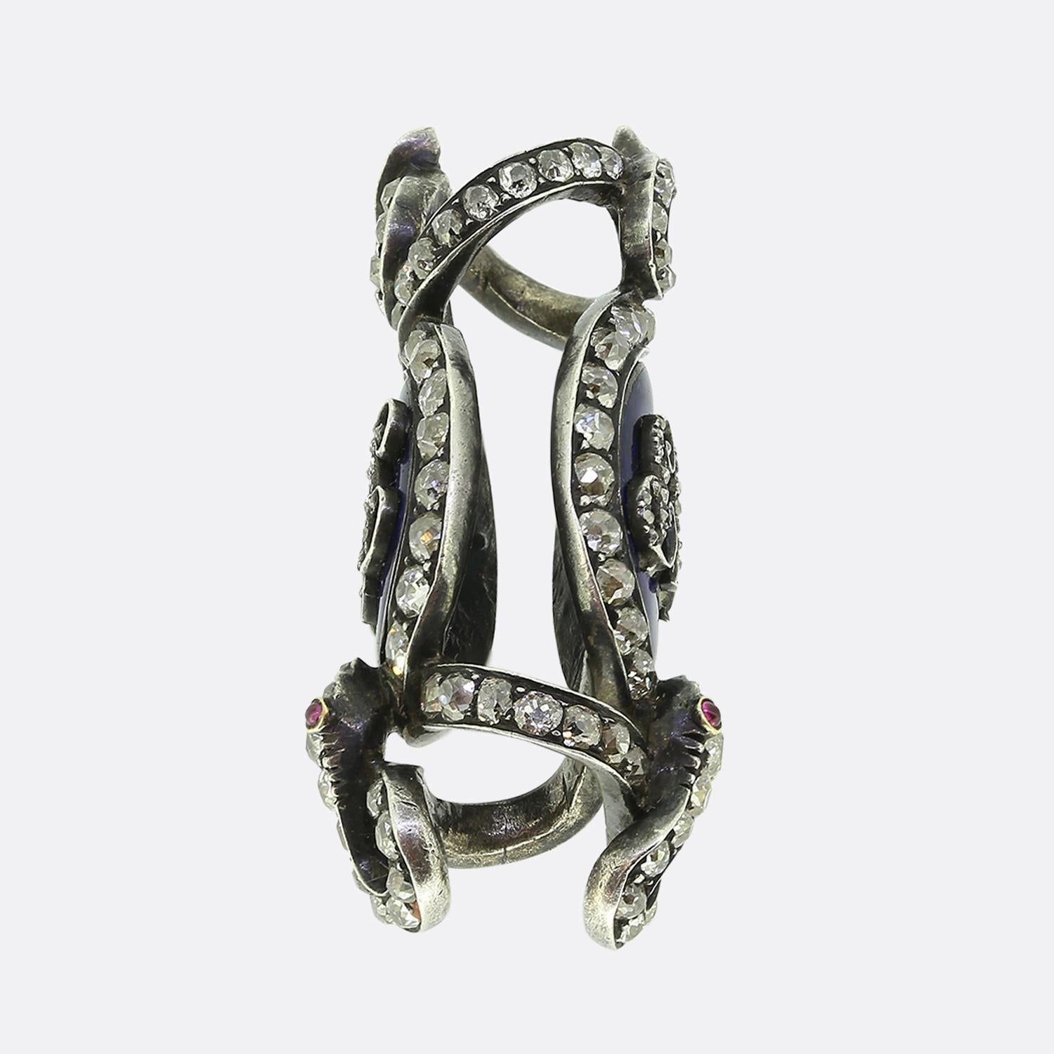Old Mine Cut Victorian Ruby Diamond and Enamel Chain Slider For Sale