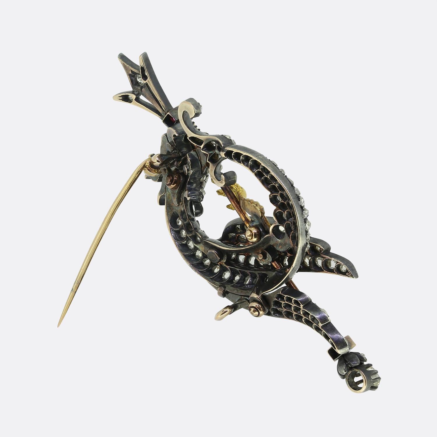 Round Cut Victorian Ruby Diamond and Enamel Cockatrice Brooch