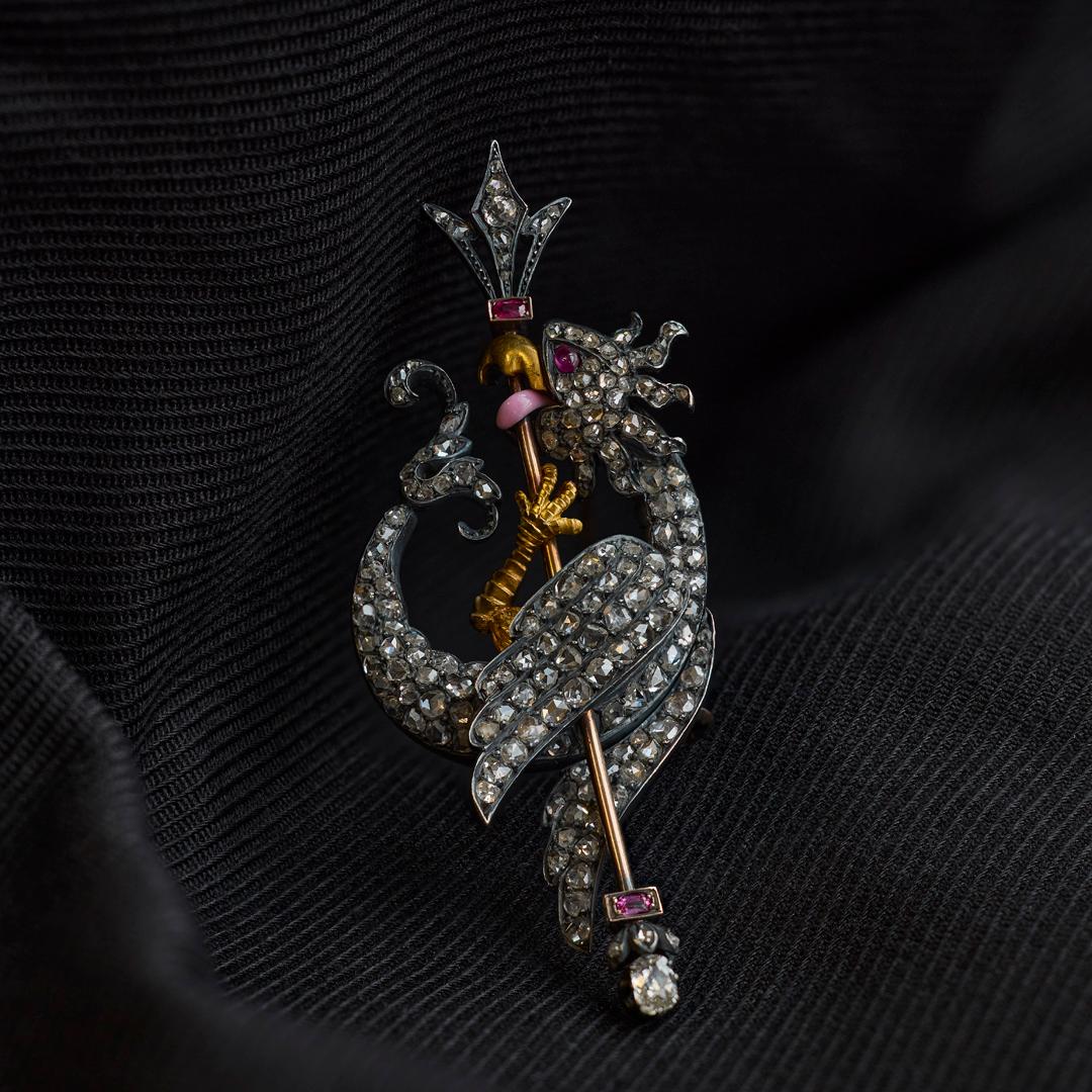 Women's or Men's Victorian Ruby Diamond and Enamel Cockatrice Brooch