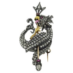 Victorian Ruby Diamond and Enamel Cockatrice Brooch